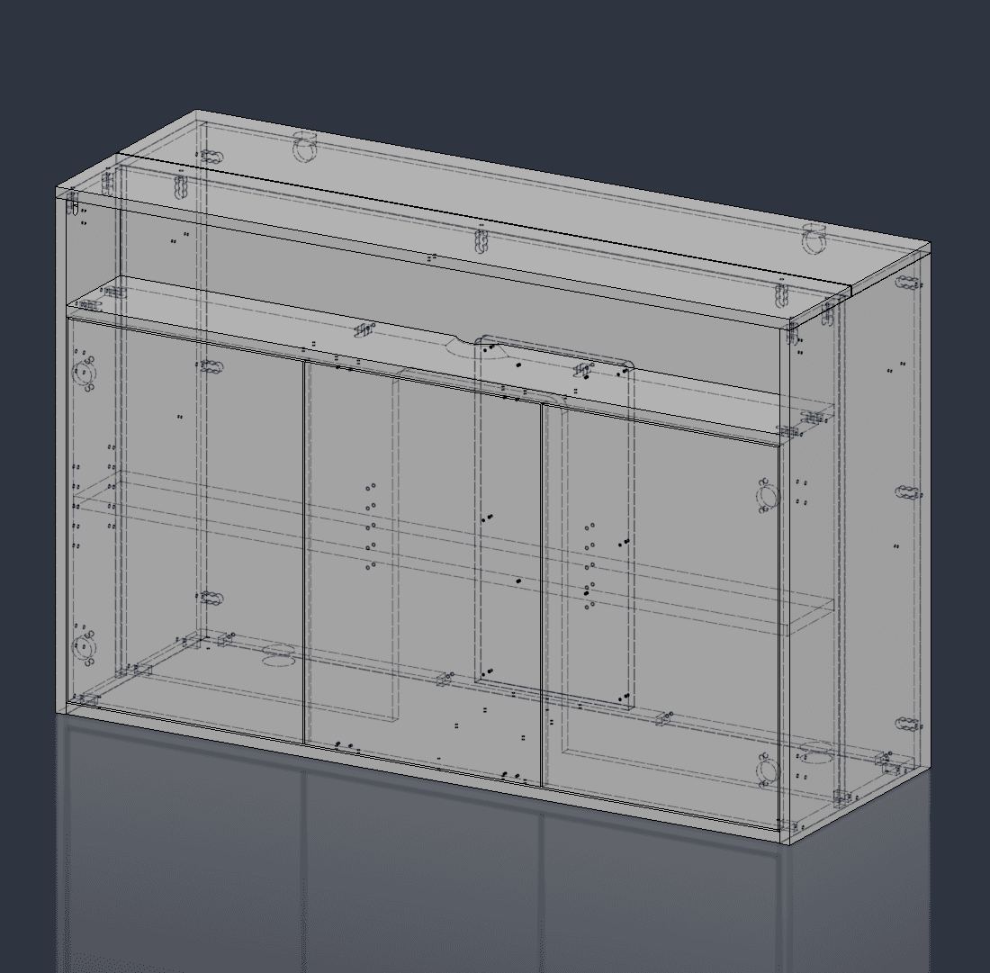 3D-model van een kast met alle panelen en verbindingen